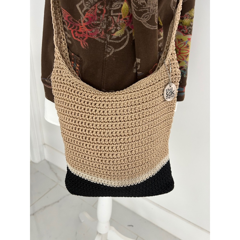 The Sak Originals Crochet Crossbody Bag Tan Black Colorblock Hobo Zip Closure